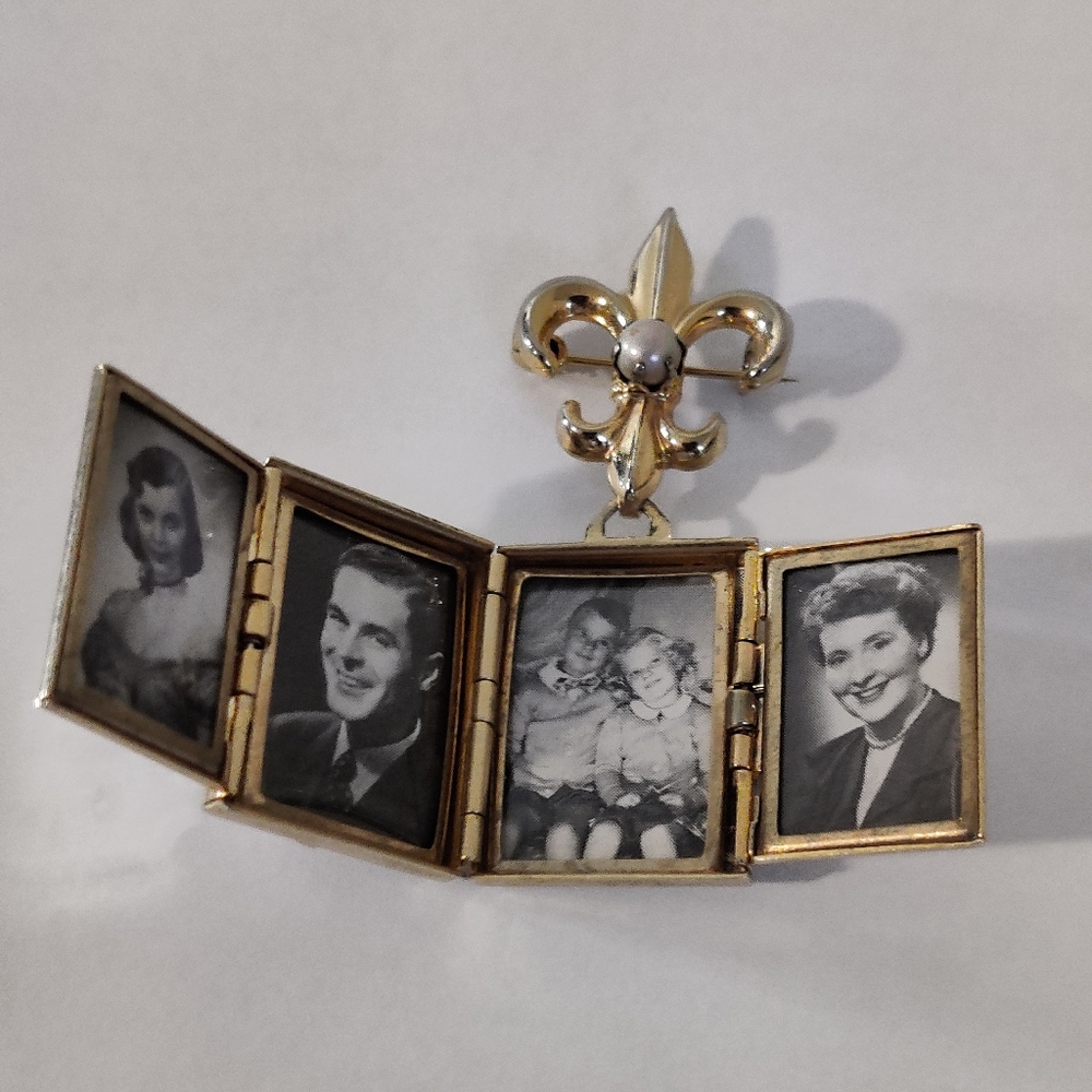 Vintage 4-Photo Locket Victorian Style Chatelaine Brooch